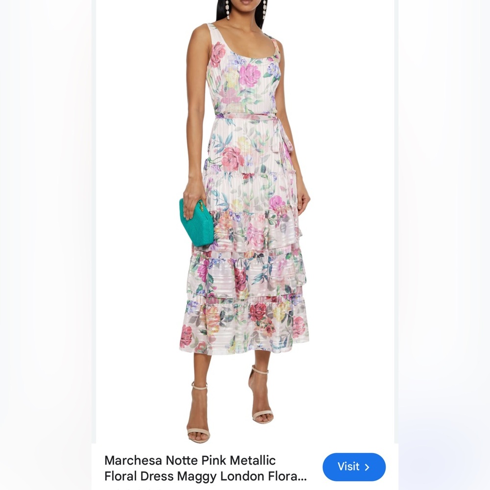 Marchesa Notte Pink Metallic Floral Dress, size 2